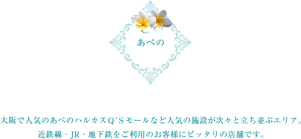 大阪で人気のあべのハルカスQ‘Sモールなど人気の施設が次々と立ち並ぶエリア。
近鉄線・JR・地下鉄をご利用のお客様にピッタリの店舗です。